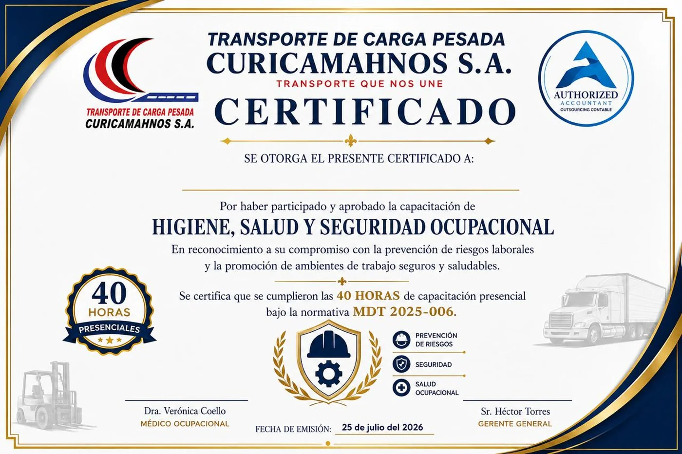 Certificado de capacitación en Higiene, Salud y Seguridad Ocupacional — Curicamahnos S.A.