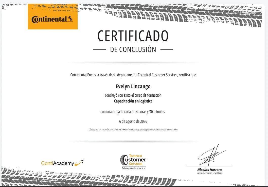 Certificado de conclusión del curso de Capacitación en logística — ContiAcademy, Continental Technical Customer Services