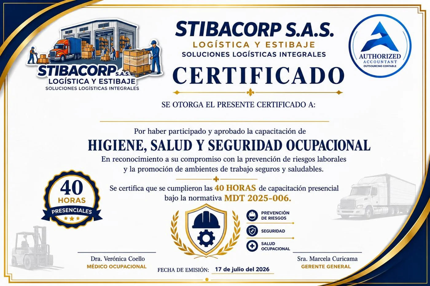 Certificado de capacitación en Higiene, Salud y Seguridad Ocupacional de Stibacorp S.A.S.